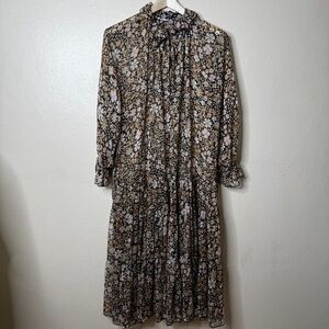 Mango Dress Women's 4 Maxi Floral Tie-Neck Long Sleeve Sheer Boho